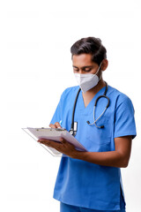 Young indian male doctor dressed in uniform with stethoscope tak