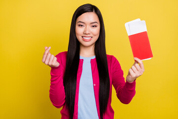 Photo of sweet brunette hair millennial lady hold passport show heart wear pink sweater isolated on yellow color background