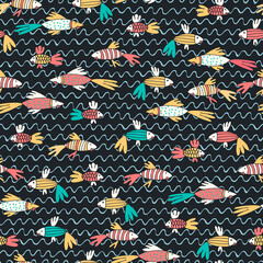 Obraz premium Seamless pattern with fantasy tropical fish in dark water in cartoon style. Wallpaper, backgound for kids