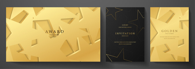 Gold star invitation, cover design set. Luxury starry pattern on black background. Premium horizontal, vertical vector template for holiday invitation, golden ticket, birthday party, gift certificate