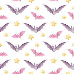 Watercolor flying bats and stars isolated on a white background. Sweet gift wrapping seamless pattern. Halloween party pastel colours decor. Spooky mystery  wallpaper. Cute hand-drawn fabric print