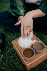 tea ceremony in nature, making Chinese tea on the tea table