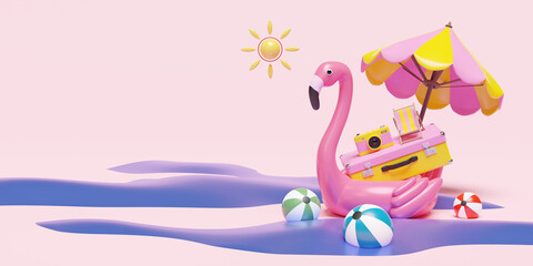 Inflatable flamingo with beach,yellow suitcase, camera,chair,umbrella,sun,copy space isolated on pink background. summer travel concept, 3d illustration or 3d render - obrazy, fototapety, plakaty