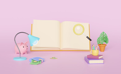 open book with magnifying glass, lamp, coffee cup, pencil,wallet isolated on pink background.concept 3d illustration or 3d render