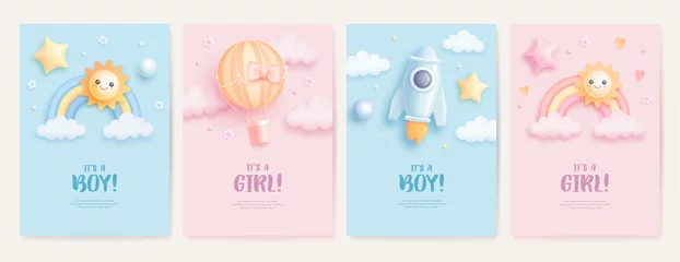 Fototapeten Satz Babypartyeinladung mit Karikaturregenbogen, Sonne, Rakete und Heißluftballon auf blauem und rosa Hintergrund. Es ist ein Junge. Es ist ein Mädchen. Vektor-Illustration © AM_art