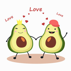 A couple of avocados in love hold hands. The illustration contains the inscription Love and red hearts. Vector illustration.