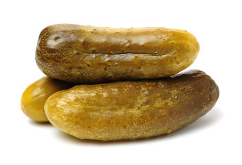 Marinated pickled cucumbers on white background