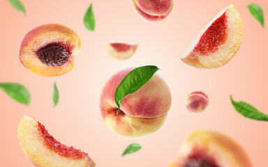 peach fruit and peach slices  flying on peach colour background