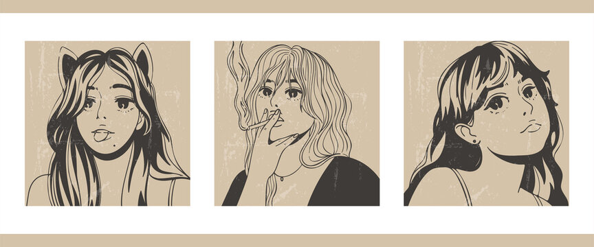 Fashionable image of a girl. Hand-drawn young beautiful woman. Set of three minimalistic Asian cartoon style posters with female portraits. People close-up. Illustrations for social networks.