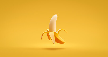 Yellow ripe banana peeled or fresh tropical sweet tasty organic fruit on vivid color background with vitamin nutrition concept. 3D rendering.