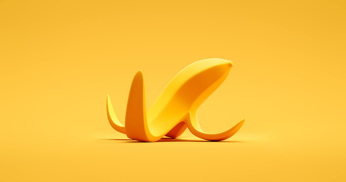 Yellow banana peeled fruit or nature trash garbage on vivid color background with slip skin danger graphic symbol. 3D rendering.