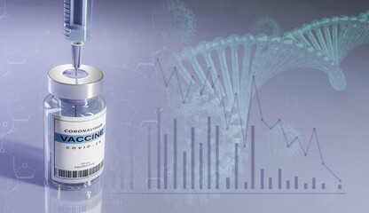 Medical syringe and vaccine bottle. Vaccine illustration. Bottle and syringe with needle. There is a graph, virus cell and dna on the background.
