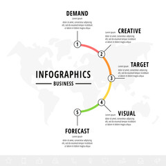 Vector thin line circle for infographic. Flat template for cycle presentation, diagram, chart, and round content. Business concept with five icons, options, steps, parts