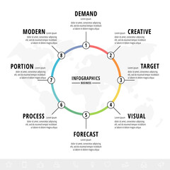Vector thin line circle for infographic. Flat template for cycle presentation, diagram, chart, and round content. Business concept with eight icons, options, steps, parts