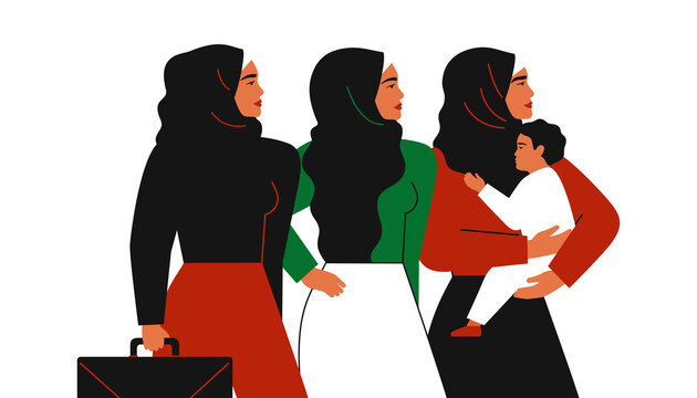 Muslim Mother With Child, Arabian Businesswomen In Hijab Stands Together. Emirati Women's Day Greeting Card. Vector Illustration. Holiday Concept