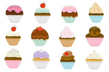 illustration set of sweet cupcakes and muffins isolated. Cute cartoon style on white background. Decorated with chocolate, cherry, strawberry, cream, mint, blueberry,vanilla,caramel