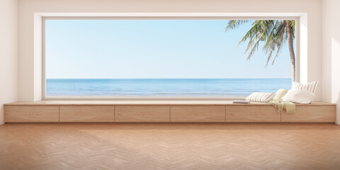 3d rendering of modern empty room with wooden seat and herringbone floor on sea background, Large window.