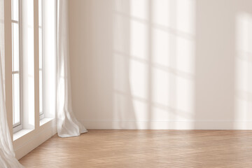 3D rendering of white empty room with wooden floor and sun light cast shadow on the wall.  - 446616486