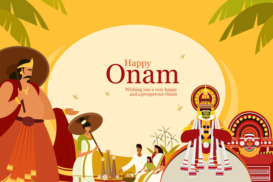 Onam festival background with King Mahabali and traditional art forms. Onam is a harvest festival in Kerala, India