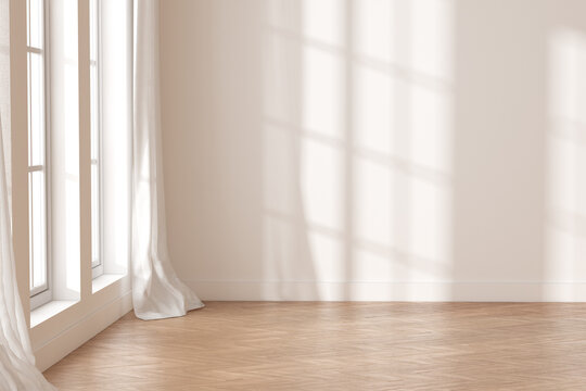 3D rendering of white empty room with wooden floor and sun light cast shadow on the wall. 