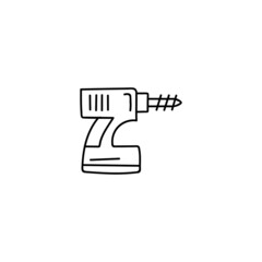 Construction drill icon, engineering equipment icon in flat black line style, isolated on white background 