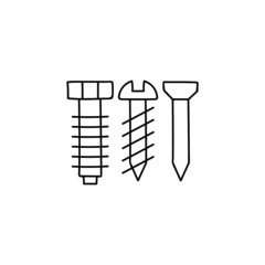 Bolt, nail, nut, rivet, screw icon in flat black line style, isolated on white background 