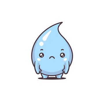 Cute kawaii water drop cartoon mascot  showing sad emotion, vector illustration isolated on white