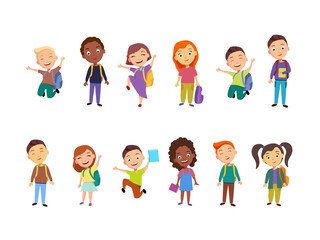 A large set, a group of happy children of different nationalities in different poses with books and backpacks go to school. illustration in a cartoon flat style.