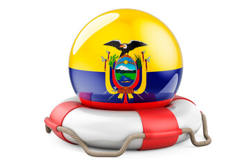 Lifebelt with Ecuadorian flag. Safe, help and protect of Ecuador concept. 3D rendering