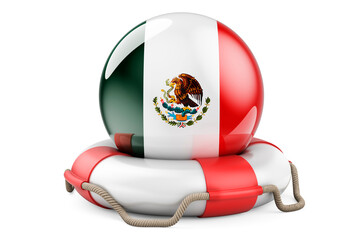 Lifebelt with Mexican flag. Safe, help and protect of Mexico concept. 3D rendering