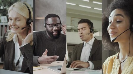 Call Center Support staff Collage. Workers with headsets in the process of customer service online - Powered by Adobe