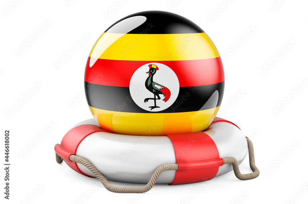 Poster lifebelt with ugandan flag. safe, help and protect of uganda concept. 3d rendering