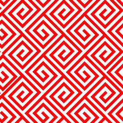 Abstract ethic geometric pattern with maze, diagonal stripes and lines in bright red and white. geometric background.