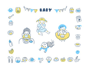 赤ちゃんのさまざまなポーズ　とアイコン　セット