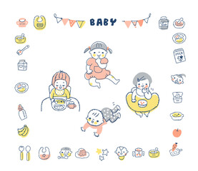 赤ちゃんのさまざまなポーズ　とアイコン　セット