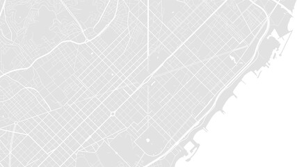 White and light grey Barcelona City area vector background map, streets and water cartography illustration.