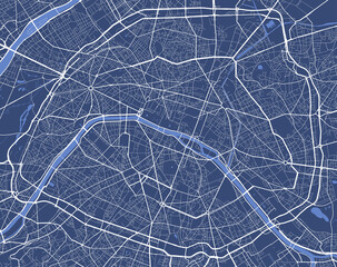 Detailed map poster of Paris city, linear print map. Cityscape urban panorama.