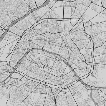 Urban city map of Paris. Vector poster. Black grayscale street map.