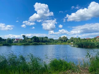 landscape with a lake. Sunny day at the lake. Blue vivid sky above water in a bright sunny day.