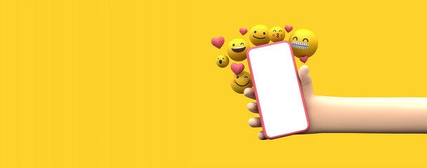 Person holding a smartphone with emoji online social media icons. 3D Rendering