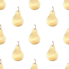 Watercolor illustration seamless pattern, print yellow delicious pears on white background