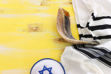 religion image of shofar (horn) on white prayer talit. Rosh hashanah (jewish New Year holiday),...