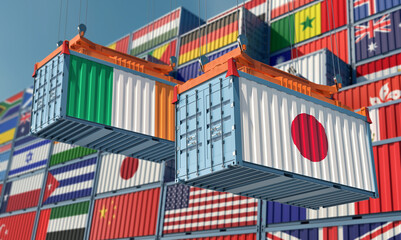 Freight containers with Ireland and Japan flag. 3D Rendering 