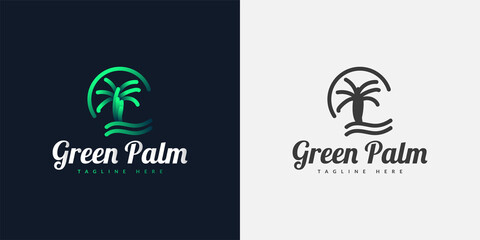 Green Palm Logo Design with Line Style. Coconut Tree Logo