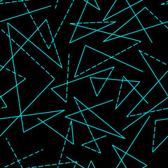 Seamless pattern with turquoise neon geometric design, abstract figure, triangles and lines, wallpaper, background