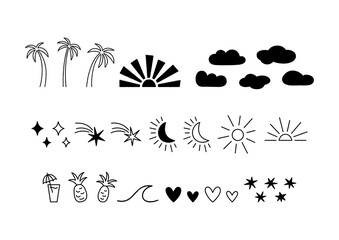 Hand drawn silhouette summer set with rough edges isolated on white. Palm tree, sun, stars, moon, cloud, sea wave, pineapple and cocktail. Summer icons, line art tropical elements. Vector illustration