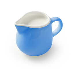 Ceramic milk jar isolated on white background. Blue pitcher for package design. Porcelain creamer...