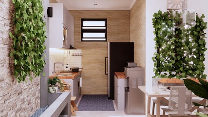 a kitchen behind the house that carries the concept of direct sunlight