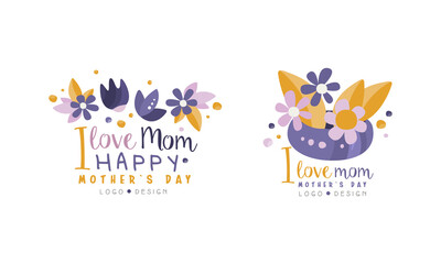 Fototapeta na wymiar I Love Mom Logo Design Set, Happy Mothers Day Hand Drawn Labels Vector Illustration