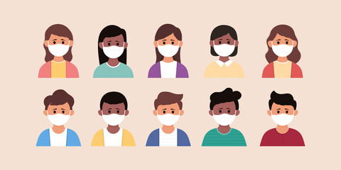 Set of children cartoon. collection of boys and girls wearing medical mask to prevent disease, flu, air pollution, contaminated air, world pollution.